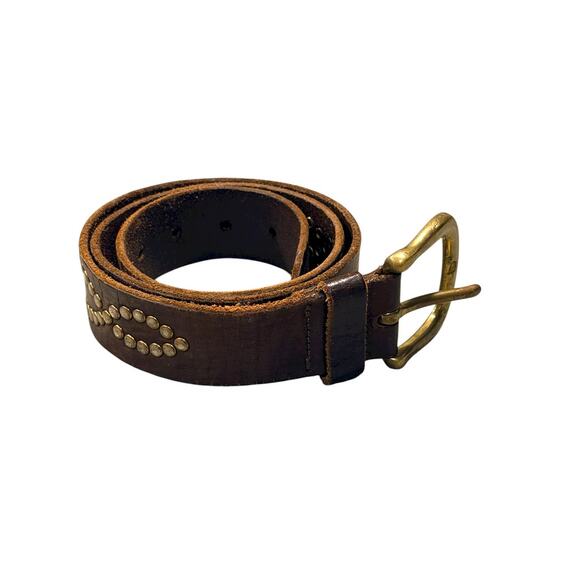 Vintage Y2K Brown Leather Studded Belt Gold Hardware Boho Medium - Picture 2 of 8